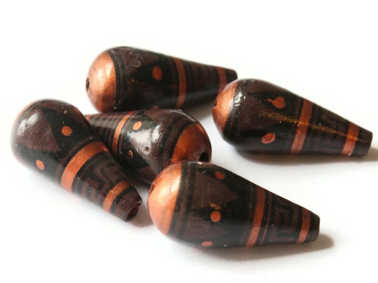 5 28mm Vintage Painted Peruvian Clay Beads - Brown Copper and Black Patterned Teardrop Beads